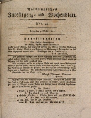 Nördlingisches Intelligenz- und Wochenblatt (Intelligenzblatt der Königlich Bayerischen Stadt Nördlingen) Freitag 4. Oktober 1811