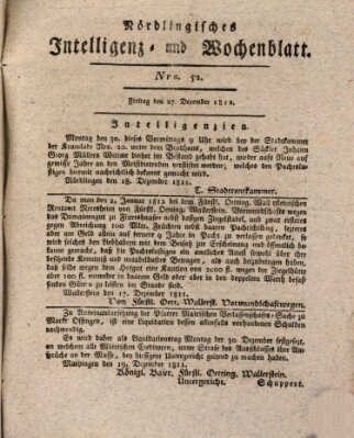 Nördlingisches Intelligenz- und Wochenblatt (Intelligenzblatt der Königlich Bayerischen Stadt Nördlingen) Freitag 27. Dezember 1811