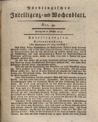 Nördlingisches Intelligenz- und Wochenblatt (Intelligenzblatt der Königlich Bayerischen Stadt Nördlingen) Freitag 2. Oktober 1812