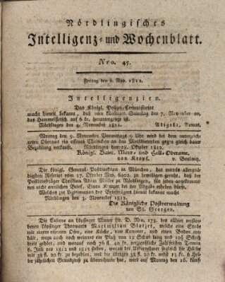 Nördlingisches Intelligenz- und Wochenblatt (Intelligenzblatt der Königlich Bayerischen Stadt Nördlingen) Freitag 6. November 1812