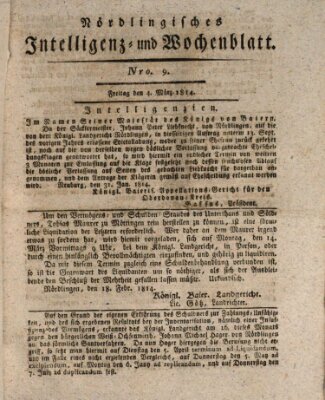 Nördlingisches Intelligenz- und Wochenblatt (Intelligenzblatt der Königlich Bayerischen Stadt Nördlingen) Freitag 4. März 1814