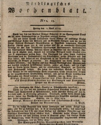 Nördlingisches Intelligenz- und Wochenblatt (Intelligenzblatt der Königlich Bayerischen Stadt Nördlingen) Freitag 1. April 1814