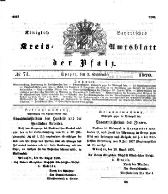 Königlich-bayerisches Kreis-Amtsblatt der Pfalz (Königlich bayerisches Amts- und Intelligenzblatt für die Pfalz) Samstag 3. September 1870