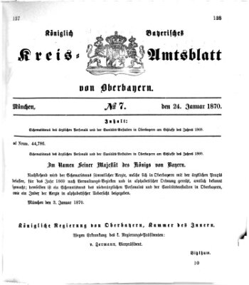 Königlich-bayerisches Kreis-Amtsblatt von Oberbayern (Münchner Intelligenzblatt) Montag 24. Januar 1870