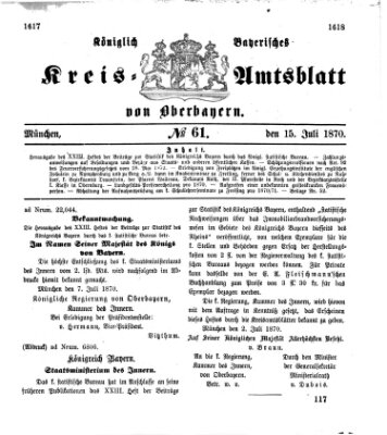 Königlich-bayerisches Kreis-Amtsblatt von Oberbayern (Münchner Intelligenzblatt) Freitag 15. Juli 1870