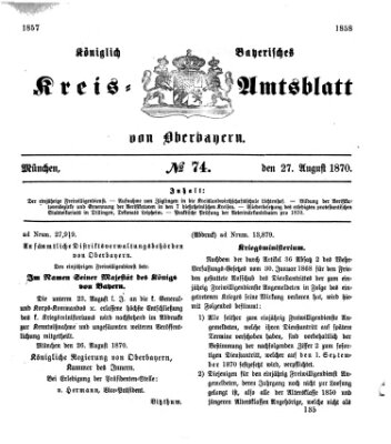 Königlich-bayerisches Kreis-Amtsblatt von Oberbayern (Münchner Intelligenzblatt) Samstag 27. August 1870