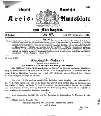 Königlich-bayerisches Kreis-Amtsblatt von Oberbayern (Münchner Intelligenzblatt) Freitag 30. September 1870