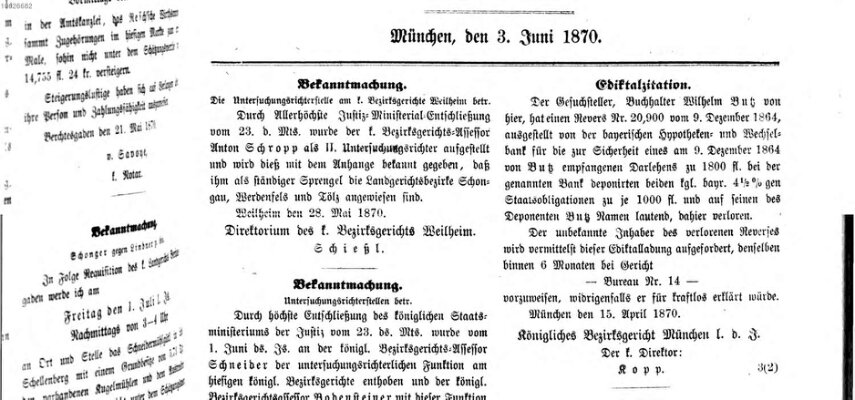 Königlich-bayerisches Kreis-Amtsblatt von Oberbayern (Münchner Intelligenzblatt) Freitag 3. Juni 1870