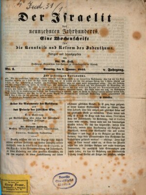 Der Israelit des neunzehnten Jahrhunderts Sonntag 7. Januar 1844