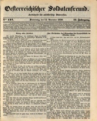 Oesterreichischer Soldatenfreund (Militär-Zeitung) Donnerstag 14. November 1850