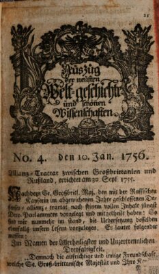 Auszug der neuesten Weltgeschichte und schönen Wissenschaften (Erlanger Real-Zeitung) Samstag 10. Januar 1756