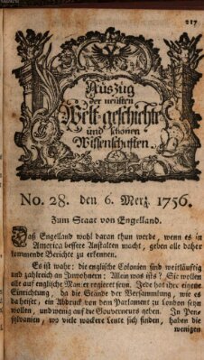 Auszug der neuesten Weltgeschichte und schönen Wissenschaften (Erlanger Real-Zeitung) Samstag 6. März 1756