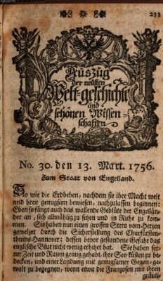 Auszug der neuesten Weltgeschichte und schönen Wissenschaften (Erlanger Real-Zeitung) Samstag 13. März 1756