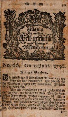 Auszug der neuesten Weltgeschichte und schönen Wissenschaften (Erlanger Real-Zeitung) Samstag 10. Juli 1756