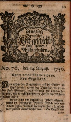 Auszug der neuesten Weltgeschichte und schönen Wissenschaften (Erlanger Real-Zeitung) Samstag 14. August 1756