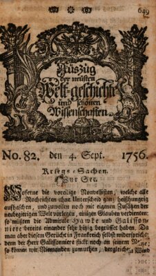 Auszug der neuesten Weltgeschichte und schönen Wissenschaften (Erlanger Real-Zeitung) Samstag 4. September 1756