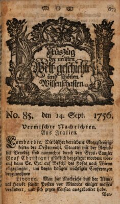 Auszug der neuesten Weltgeschichte und schönen Wissenschaften (Erlanger Real-Zeitung) Dienstag 14. September 1756