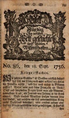 Auszug der neuesten Weltgeschichte und schönen Wissenschaften (Erlanger Real-Zeitung) Samstag 18. September 1756