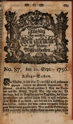 Auszug der neuesten Weltgeschichte und schönen Wissenschaften (Erlanger Real-Zeitung) Dienstag 21. September 1756