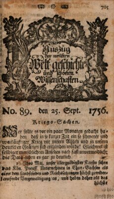 Auszug der neuesten Weltgeschichte und schönen Wissenschaften (Erlanger Real-Zeitung) Samstag 25. September 1756