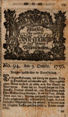 Auszug der neuesten Weltgeschichte und schönen Wissenschaften (Erlanger Real-Zeitung) Samstag 9. Oktober 1756