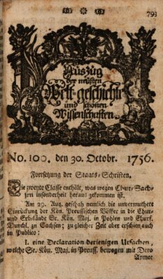 Auszug der neuesten Weltgeschichte und schönen Wissenschaften (Erlanger Real-Zeitung) Samstag 30. Oktober 1756