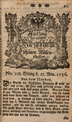 Auszug der neuesten Weltgeschichte und schönen Wissenschaften (Erlanger Real-Zeitung) Samstag 27. November 1756