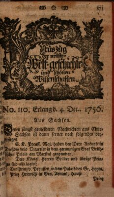 Auszug der neuesten Weltgeschichte und schönen Wissenschaften (Erlanger Real-Zeitung) Samstag 4. Dezember 1756