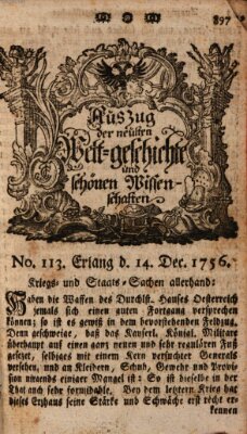 Auszug der neuesten Weltgeschichte und schönen Wissenschaften (Erlanger Real-Zeitung) Dienstag 14. Dezember 1756