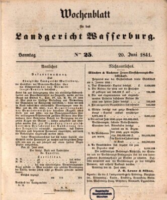 Wochenblatt für das Landgericht Wasserburg (Wasserburger Wochenblatt) Sonntag 20. Juni 1841