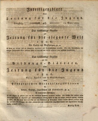 Pädagogische Verhandlungsblätter für Aeltern, Erzieher, Jugendlehrer und Kinderfreunde (Bildungsblätter oder Zeitung für die Jugend) Dienstag 15. September 1807