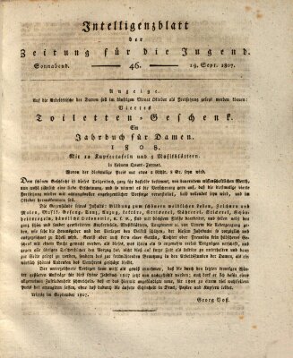 Pädagogische Verhandlungsblätter für Aeltern, Erzieher, Jugendlehrer und Kinderfreunde (Bildungsblätter oder Zeitung für die Jugend) Samstag 19. September 1807