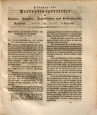 Pädagogische Verhandlungsblätter für Aeltern, Erzieher, Jugendlehrer und Kinderfreunde (Bildungsblätter oder Zeitung für die Jugend) Samstag 2. April 1808