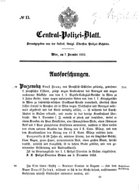 Zentralpolizeiblatt Mittwoch 7. Dezember 1853