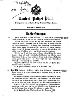 Zentralpolizeiblatt Samstag 10. Dezember 1853