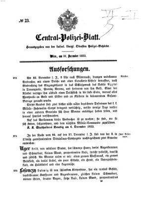 Zentralpolizeiblatt Samstag 31. Dezember 1853