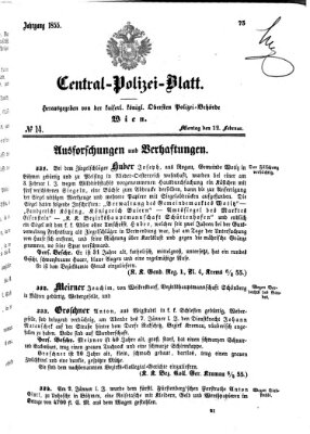 Zentralpolizeiblatt Montag 12. Februar 1855