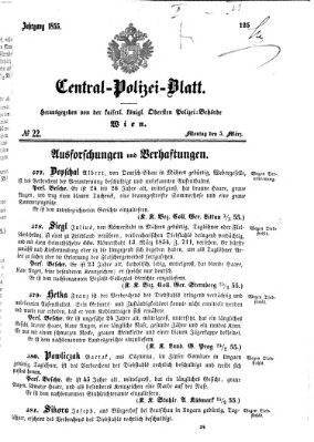 Zentralpolizeiblatt Montag 5. März 1855