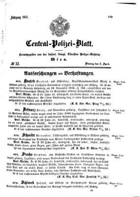 Zentralpolizeiblatt Dienstag 3. April 1855