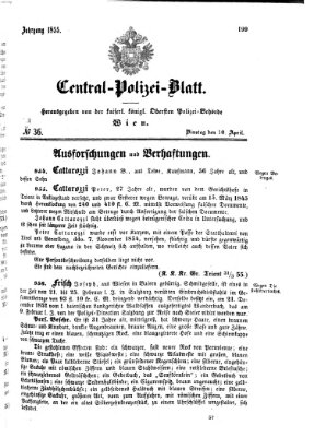 Zentralpolizeiblatt Dienstag 10. April 1855