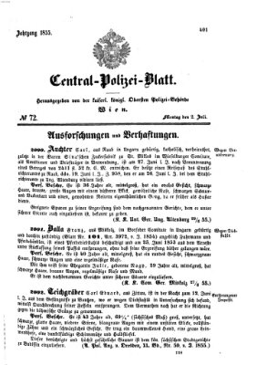 Zentralpolizeiblatt Montag 2. Juli 1855