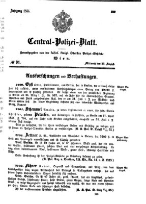 Zentralpolizeiblatt Mittwoch 22. August 1855