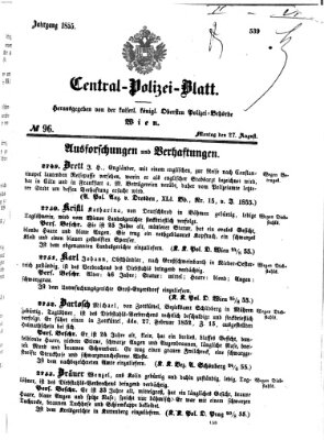 Zentralpolizeiblatt Montag 27. August 1855