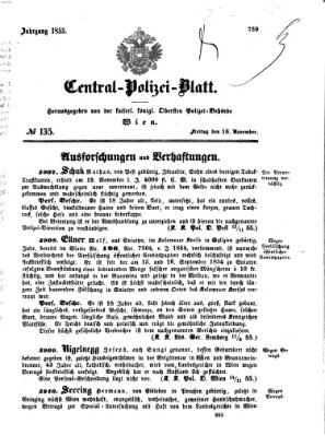 Zentralpolizeiblatt Freitag 16. November 1855