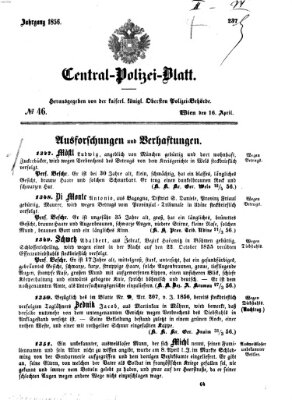 Zentralpolizeiblatt Mittwoch 16. April 1856