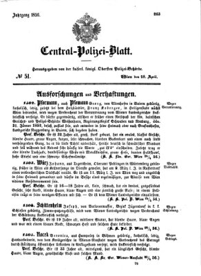 Zentralpolizeiblatt Montag 28. April 1856