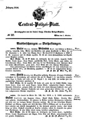 Zentralpolizeiblatt Mittwoch 1. Oktober 1856