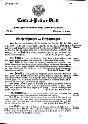 Zentralpolizeiblatt Montag 16. Februar 1857