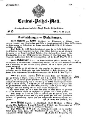 Zentralpolizeiblatt Samstag 22. August 1857