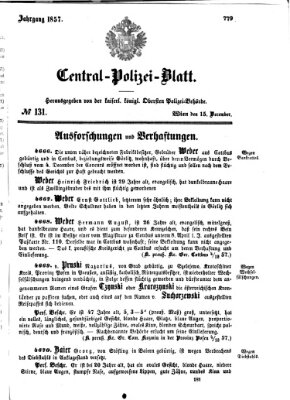 Zentralpolizeiblatt Dienstag 15. Dezember 1857